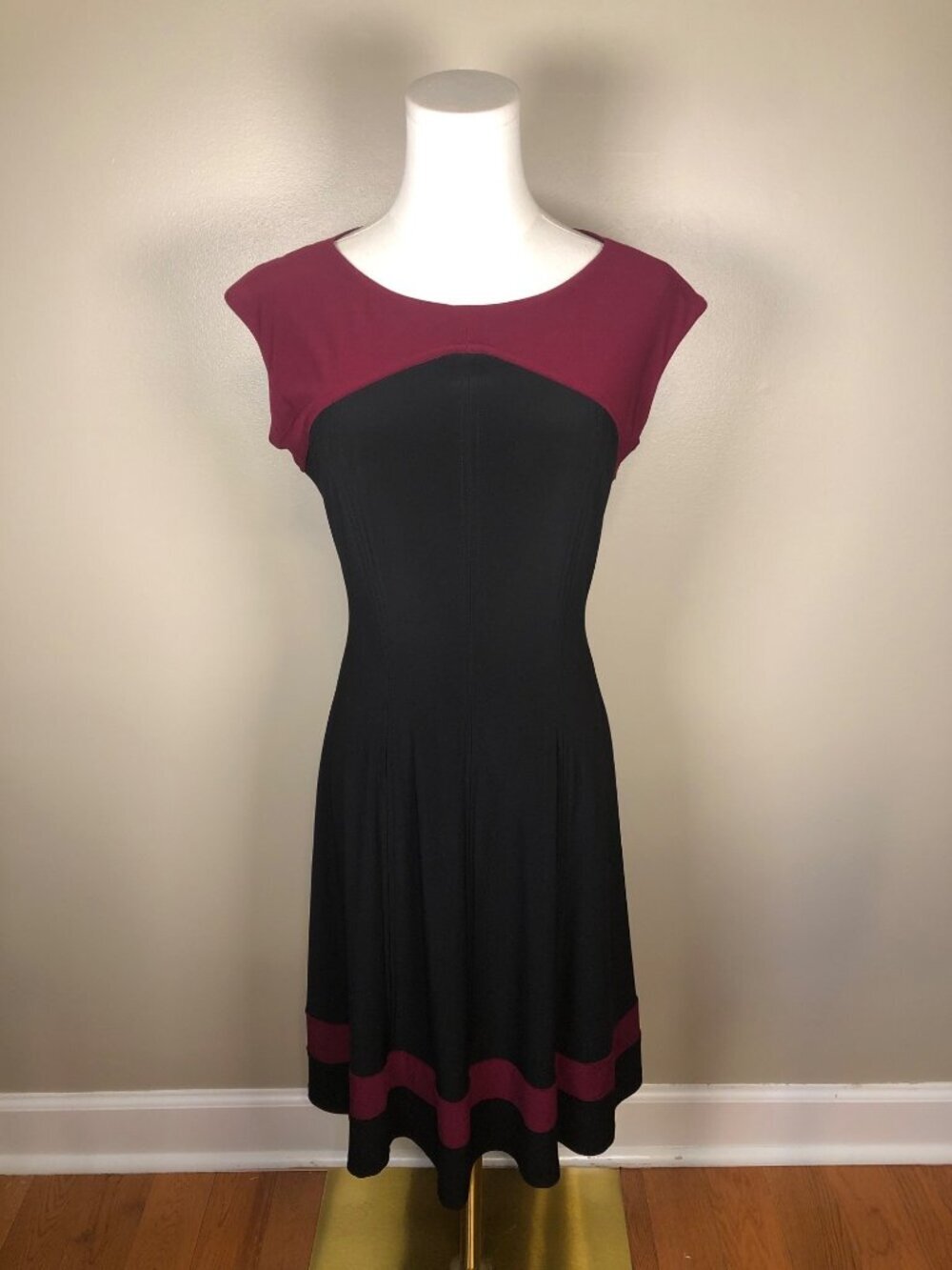 Lauren Ralph Lauren Color Block Fit & Flare Dress Black Burgundy - 6 Office Chic